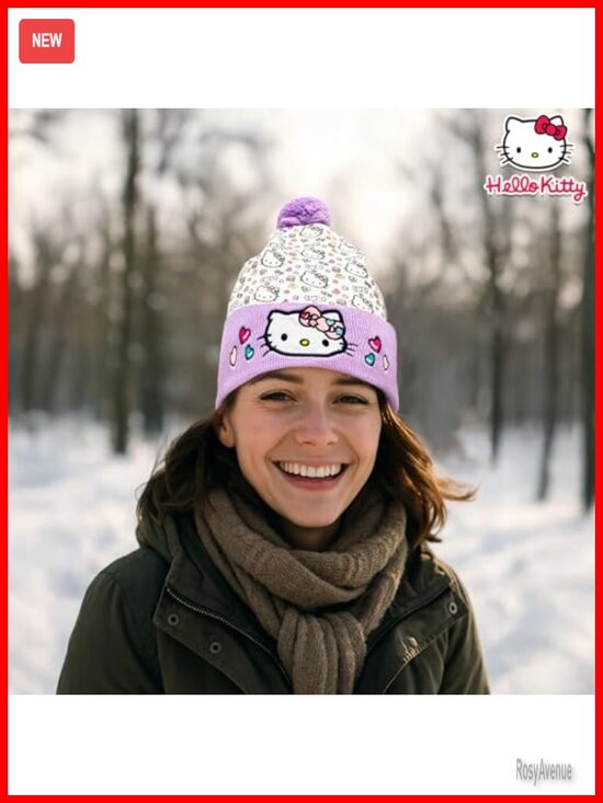 Hello Kitty Beanie - Sanrio Winter Pom Pom Hat - Officially Licensed - One Size